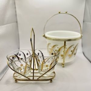 *VINTAGE* MCM Milk Glass & Gold Ice Bucket in Stand With Sugar & Creamer Set